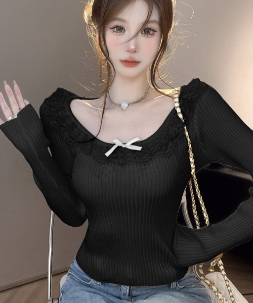 Sibra(シブラ)の「ネックレースニットトップス(Tシャツ/カットソー・レディース・ホワイト/パープル/ブラック・M)」の1枚目の写真