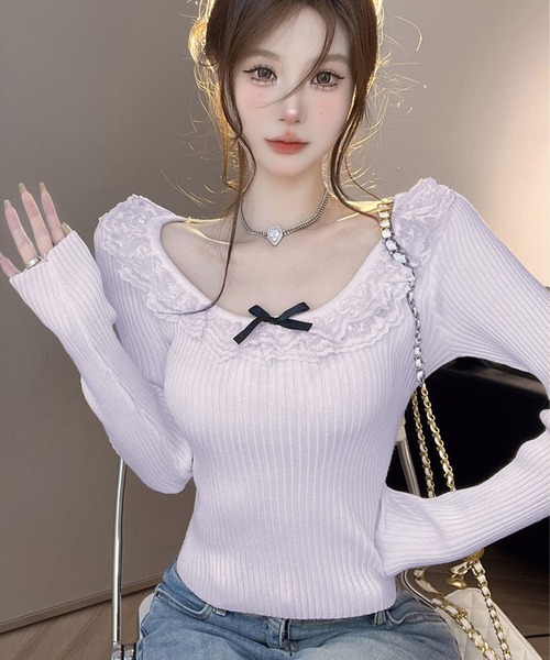 Sibra(シブラ)の「ネックレースニットトップス(Tシャツ/カットソー・レディース・ホワイト/パープル/ブラック・M)」の18枚目の写真