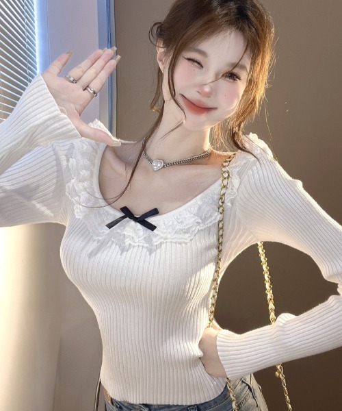 Sibra(シブラ)の「ネックレースニットトップス(Tシャツ/カットソー・レディース・ホワイト/パープル/ブラック・M)」の5枚目の写真