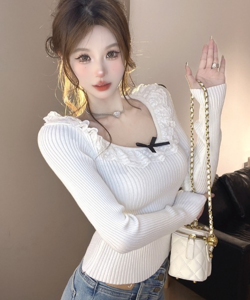 Sibra(シブラ)の「ネックレースニットトップス(Tシャツ/カットソー・レディース・ホワイト/パープル/ブラック・M)」の6枚目の写真