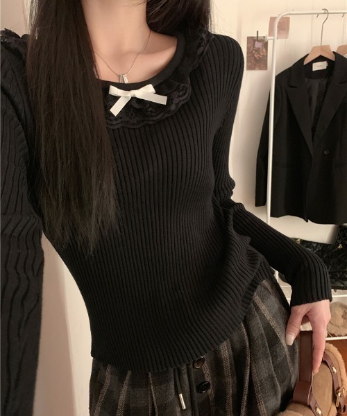 Sibra(シブラ)の「ネックレースニットトップス(Tシャツ/カットソー・レディース・ホワイト/パープル/ブラック・M)」の22枚目の写真