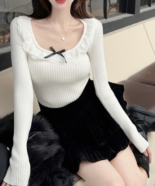Sibra(シブラ)の「ネックレースニットトップス(Tシャツ/カットソー・レディース・ホワイト/パープル/ブラック・M)」の12枚目の写真