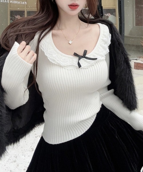 Sibra(シブラ)の「ネックレースニットトップス(Tシャツ/カットソー・レディース・ホワイト/パープル/ブラック・M)」の16枚目の写真