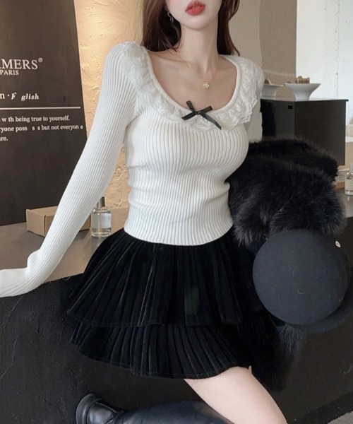 Sibra(シブラ)の「ネックレースニットトップス(Tシャツ/カットソー・レディース・ホワイト/パープル/ブラック・M)」の17枚目の写真