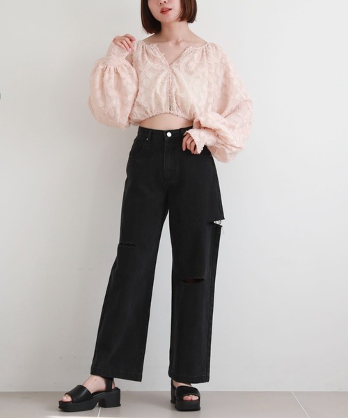 archives（アルシーヴ）の「2wayバルーンシアーJQショートブラウス（Tシャツ/カットソー・レディース・ブラック/アイボリー/オレンジ・MEDIUM）」の11枚目の写真