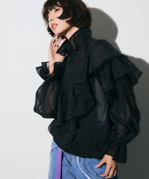 ELLEgirl(エルガール)の「ボリュームフリルシアーブルゾン【ELLEgirl/エル ガール】(ブルゾン・レディース・サックスブルー/アイボリー/ブラック・FREE)」の7枚目の写真