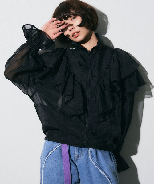 ELLEgirl(エルガール)の「ボリュームフリルシアーブルゾン【ELLEgirl/エル ガール】(ブルゾン・レディース・サックスブルー/アイボリー/ブラック・FREE)」の6枚目の写真