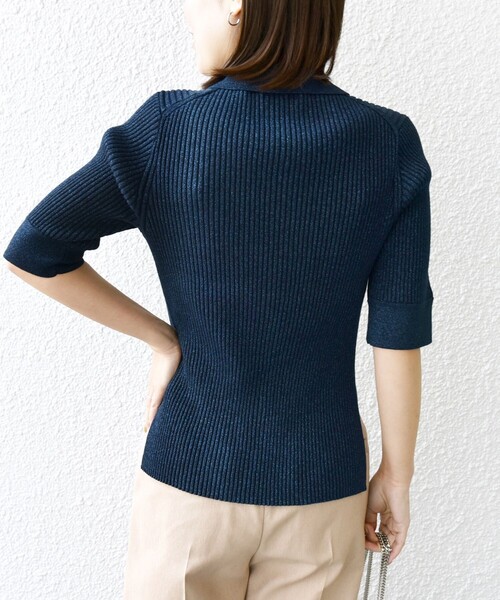 美品 ティッカ ラメ ライン入り 5分袖リブ編み ポロニット ブロンズTICCA セール】【WEB限定】〈手洗い可能〉ラメ リブ 5分袖 ニット ポロ