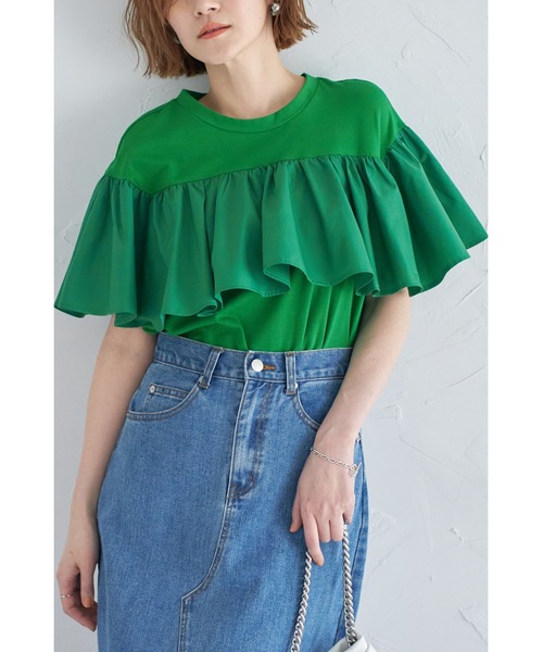 &. NOSTALGIA（アンドドットノスタルジア）の「フリルドッキングカットソー（Tシャツ/カットソー・レディース・グリーン/ブルー/オフホワイト/ブラック/オレンジ/カーキ/サックスブルー・M）」の4枚目の写真