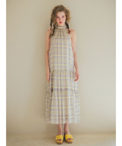 チェックホルターネックティアードワンピース（ワンピース  
