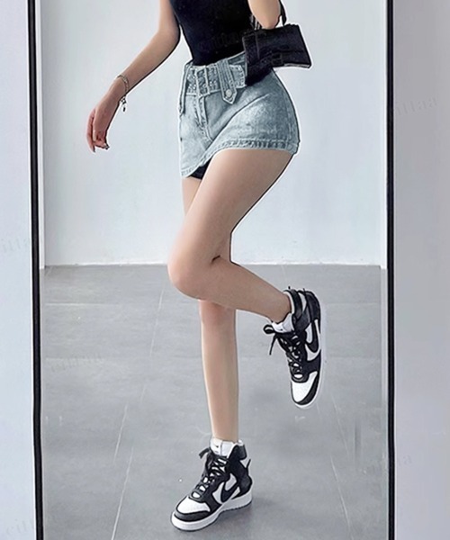 ベルト付き 2点セット 韓国ファッション 太ベルト付きウォッシュデニム