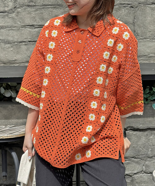 CPCM（シーピーシーエム）の「半袖クロシェニットポロシャツ（ニット/セーター・レディース・アイボリー/オレンジ/ブラック・SMALL/FREE）」の4枚目の写真