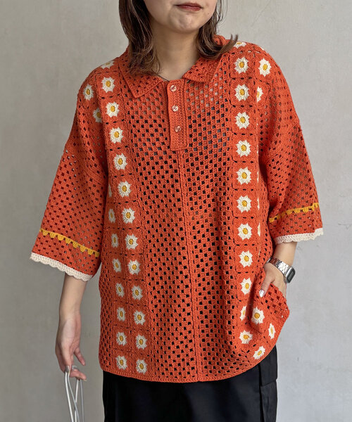 CPCM（シーピーシーエム）の「半袖クロシェニットポロシャツ（ニット/セーター・レディース・アイボリー/オレンジ/ブラック・SMALL/FREE）」の5枚目の写真