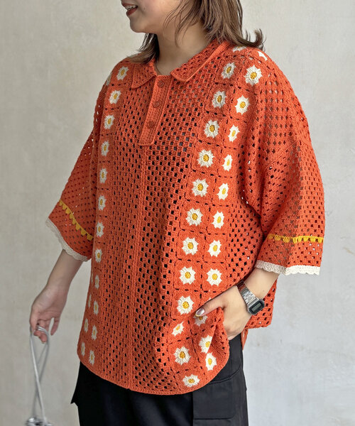 CPCM（シーピーシーエム）の「半袖クロシェニットポロシャツ（ニット/セーター・レディース・アイボリー/オレンジ/ブラック・SMALL/FREE）」の6枚目の写真