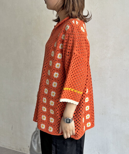 CPCM（シーピーシーエム）の「半袖クロシェニットポロシャツ（ニット/セーター・レディース・アイボリー/オレンジ/ブラック・SMALL/FREE）」の7枚目の写真