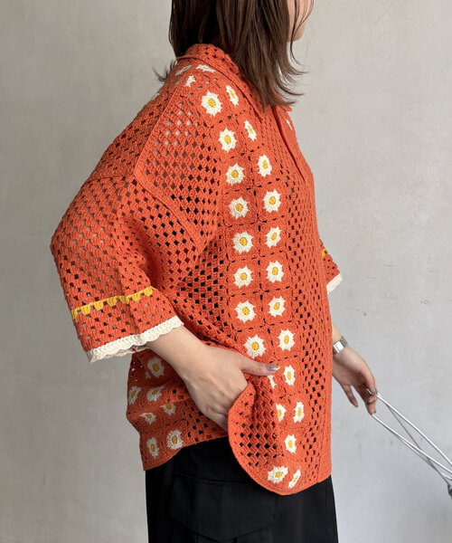 CPCM（シーピーシーエム）の「半袖クロシェニットポロシャツ（ニット/セーター・レディース・アイボリー/オレンジ/ブラック・SMALL/FREE）」の9枚目の写真