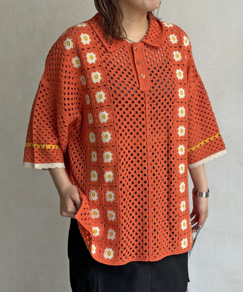 CPCM（シーピーシーエム）の「半袖クロシェニットポロシャツ（ニット/セーター・レディース・アイボリー/オレンジ/ブラック・SMALL/FREE）」の10枚目の写真