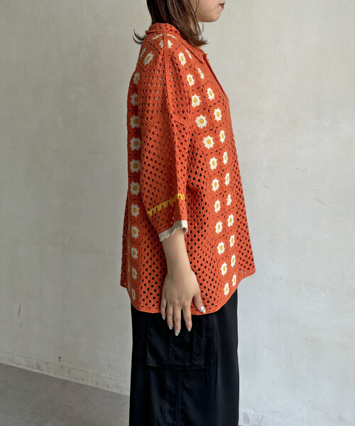 CPCM（シーピーシーエム）の「半袖クロシェニットポロシャツ（ニット/セーター・レディース・アイボリー/オレンジ/ブラック・SMALL/FREE）」の12枚目の写真