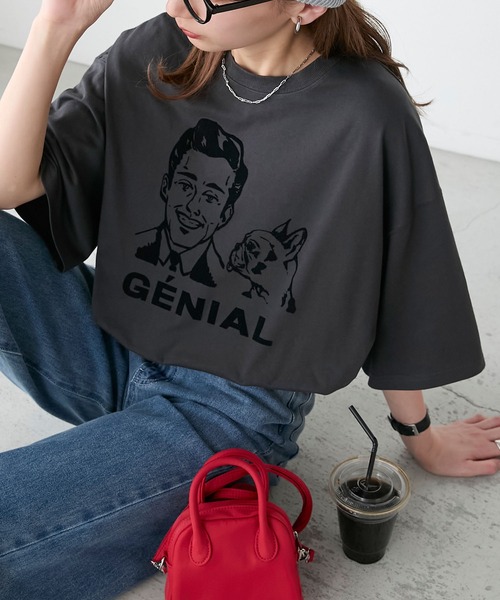 BONLECILL(ボンルシール)の「アソートフレンチDOGフロッキープリントオーバーTEE(Tシャツ/カットソー・レディース・オフホワイト/オートミール/チャコールグレー/クリーム・FREE)」の1枚目の写真