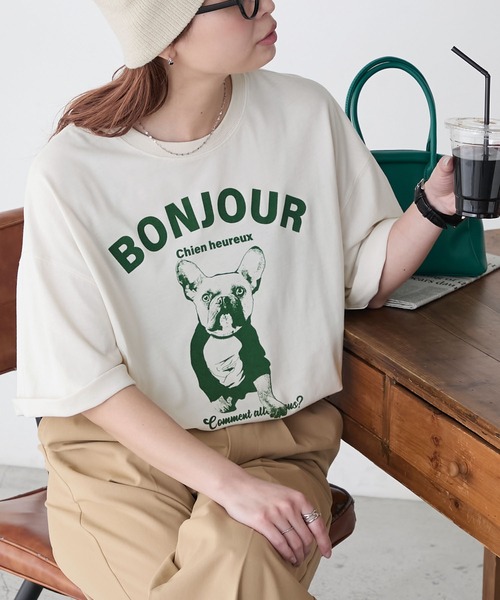 BONLECILL(ボンルシール)の「アソートフレンチDOGフロッキープリントオーバーTEE(Tシャツ/カットソー・レディース・オフホワイト/オートミール/チャコールグレー/クリーム・FREE)」の3枚目の写真