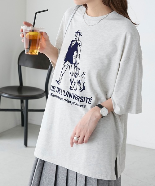 BONLECILL(ボンルシール)の「アソートフレンチDOGフロッキープリントオーバーTEE(Tシャツ/カットソー・レディース・オフホワイト/オートミール/チャコールグレー/クリーム・FREE)」の7枚目の写真