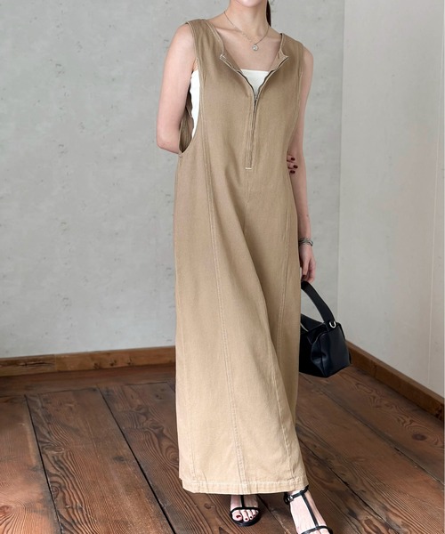 Per sist ence（パーシエンス）の「ツイル配色ステッチ ジャンパースカート／クルーネック ZIPデザイン ロング丈 ジャンスカ（ワンピース・レディース・ベージュ/ブラック/グレー・FREE）」の3枚目の写真