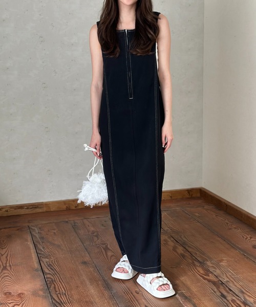 Per sist ence（パーシエンス）の「ツイル配色ステッチ ジャンパースカート／クルーネック ZIPデザイン ロング丈 ジャンスカ（ワンピース・レディース・ベージュ/ブラック/グレー・FREE）」の6枚目の写真