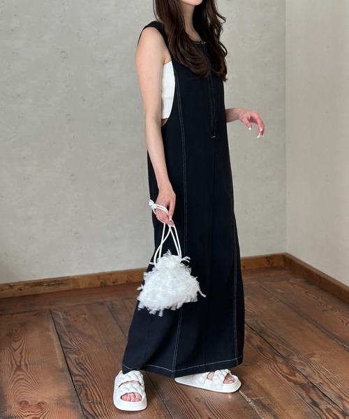 Per sist ence（パーシエンス）の「ツイル配色ステッチ ジャンパースカート／クルーネック ZIPデザイン ロング丈 ジャンスカ（ワンピース・レディース・ベージュ/ブラック/グレー・FREE）」の7枚目の写真