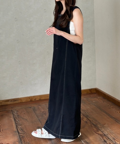 Per sist ence（パーシエンス）の「ツイル配色ステッチ ジャンパースカート／クルーネック ZIPデザイン ロング丈 ジャンスカ（ワンピース・レディース・ベージュ/ブラック/グレー・FREE）」の9枚目の写真