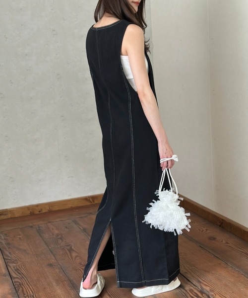 Per sist ence（パーシエンス）の「ツイル配色ステッチ ジャンパースカート／クルーネック ZIPデザイン ロング丈 ジャンスカ（ワンピース・レディース・ベージュ/ブラック/グレー・FREE）」の13枚目の写真