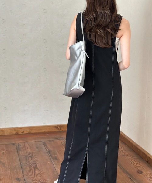 Per sist ence（パーシエンス）の「ツイル配色ステッチ ジャンパースカート／クルーネック ZIPデザイン ロング丈 ジャンスカ（ワンピース・レディース・ベージュ/ブラック/グレー・FREE）」の21枚目の写真