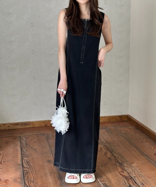 Per sist ence（パーシエンス）の「ツイル配色ステッチ ジャンパースカート／クルーネック ZIPデザイン ロング丈 ジャンスカ（ワンピース・レディース・ベージュ/ブラック/グレー・FREE）」の5枚目の写真