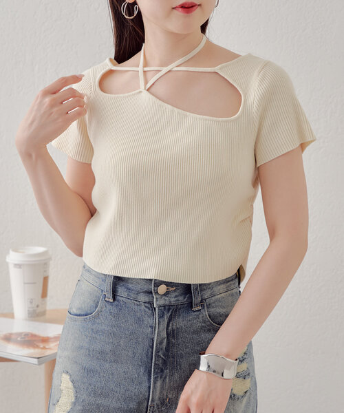 セール】レイヤードチョーカーデザインリブニット（ニット/セーター