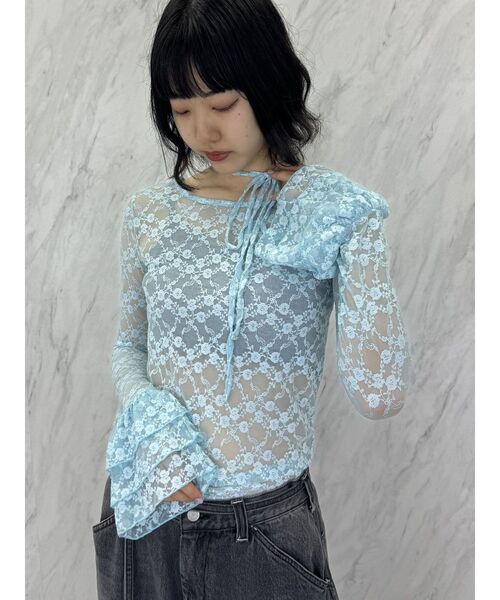 jouetie（ジュエティ）の「フリルスリーブレーストップス（Tシャツ/カットソー・レディース・ブルー/オフホワイト/ブラック・MEDIUM）」の5枚目の写真