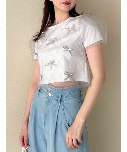 dazzlin(ダズリン)の「ランダムリボンシアーTシャツ(Tシャツ/カットソー・レディース・ブラック/オフホワイト/ピンク・FREE)」の2枚目の写真