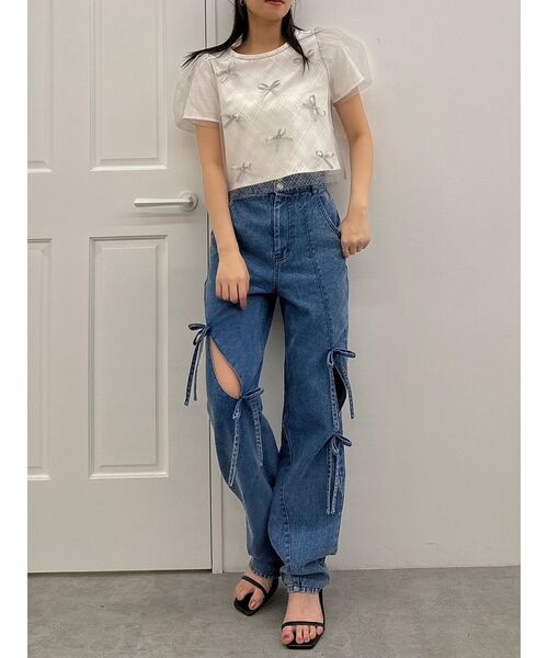 dazzlin(ダズリン)の「ランダムリボンシアーTシャツ(Tシャツ/カットソー・レディース・ブラック/オフホワイト/ピンク・FREE)」の18枚目の写真