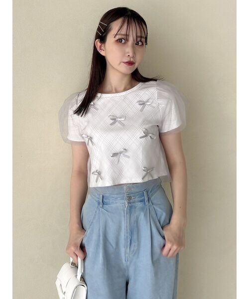 dazzlin(ダズリン)の「ランダムリボンシアーTシャツ(Tシャツ/カットソー・レディース・ブラック/オフホワイト/ピンク・FREE)」の4枚目の写真