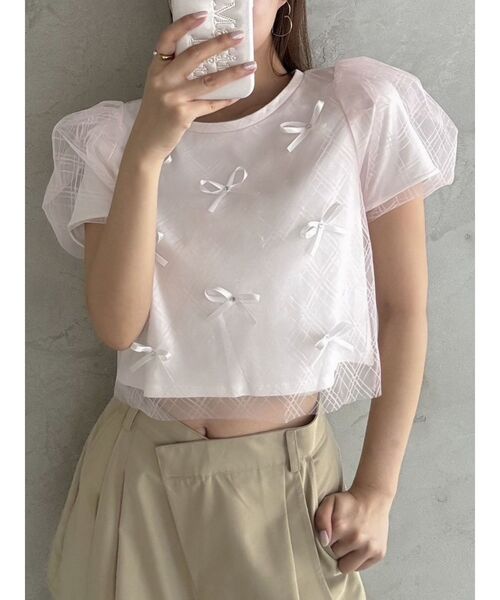 dazzlin(ダズリン)の「ランダムリボンシアーTシャツ(Tシャツ/カットソー・レディース・ブラック/オフホワイト/ピンク・FREE)」の22枚目の写真