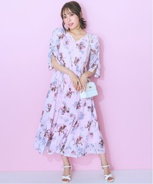 <大きいサイズ> 袖ドロストフラワープリントワンピース marun