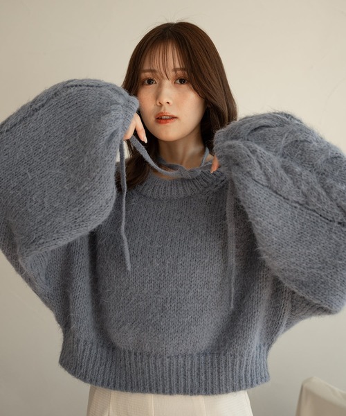 まひろ様CHILD WOMAN ネパールギルボックスケーブル プルオーバー セール】cable sleeve choker knit / ケーブルスリーブチョーカー