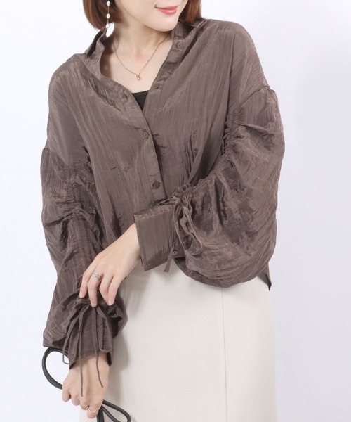 セール】微光沢シボありバルーンスリーブ袖シャーリングリボン