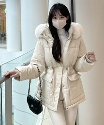 SEU（エスイーユー）の「グラスラインボリューム中綿ジャケット フード付 ファー付きショートコート エコファーコート オーバーサイズ（ダウンジャケット/コート・レディース）」