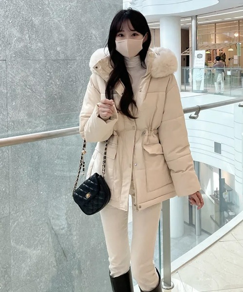 セール】グラスラインボリューム中綿ジャケット フード付 ファー付き