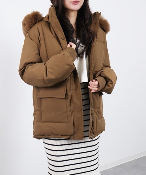 セール】グラスラインボリューム中綿ジャケット フード付 ファー付き