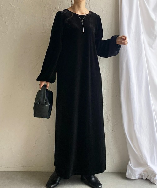 セール】長袖ボリュームスリーブロング丈バックオープンベロア