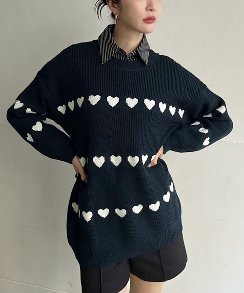 Jewelobe(ジュエローブ)の「ハートボーダールーズニットプルオーバー(ニット/セーター・レディース・オフホワイト/ブラック/ネイビー・FREE)」の11枚目の写真
