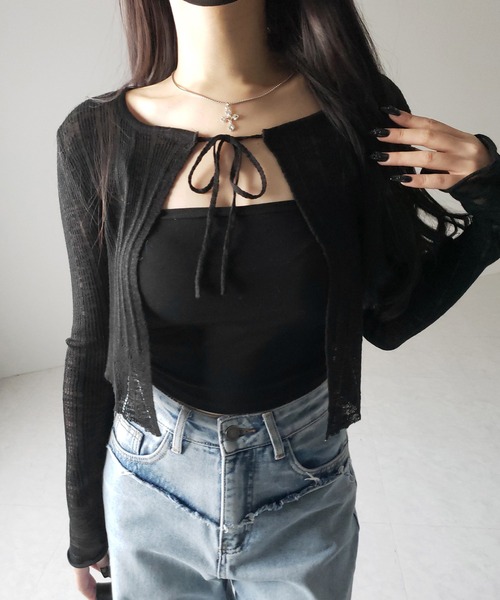 me+em select(ミームセレクト)の「【 2color 】フロントリボンシアーニットショートカーディガン / front ribbon sheer knit short cardigan(カーディガン/ボレロ・レディース・ブラック/ホワイト・FREE)」の16枚目の写真