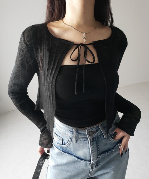 me+em select(ミームセレクト)の「【 2color 】フロントリボンシアーニットショートカーディガン / front ribbon sheer knit short cardigan(カーディガン/ボレロ・レディース・ブラック/ホワイト・FREE)」の17枚目の写真