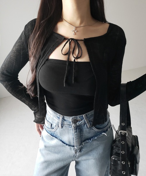 me+em select(ミームセレクト)の「【 2color 】フロントリボンシアーニットショートカーディガン / front ribbon sheer knit short cardigan(カーディガン/ボレロ・レディース・ブラック/ホワイト・FREE)」の18枚目の写真