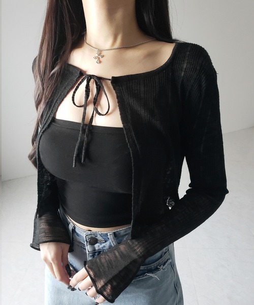 me+em select(ミームセレクト)の「【 2color 】フロントリボンシアーニットショートカーディガン / front ribbon sheer knit short cardigan(カーディガン/ボレロ・レディース・ブラック/ホワイト・FREE)」の15枚目の写真